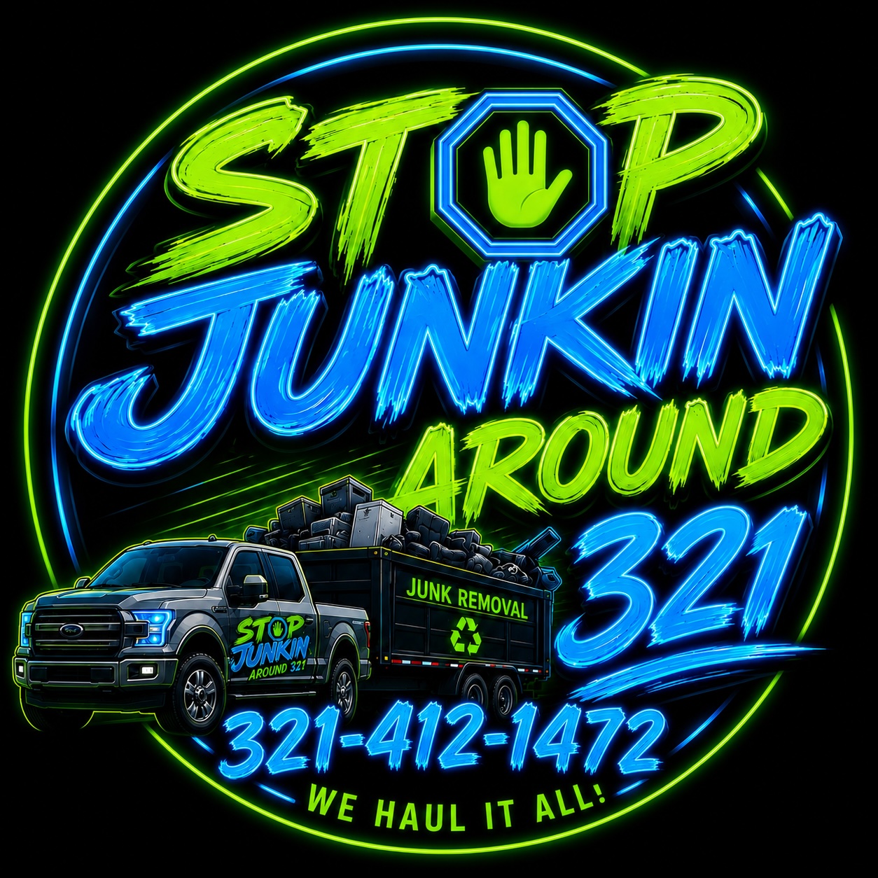 Stop Junkin' Around 321 company logo featuring the branded truck and junk removal trailer